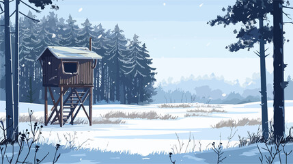 Winter Forest Hunting Blind on Snowy Field