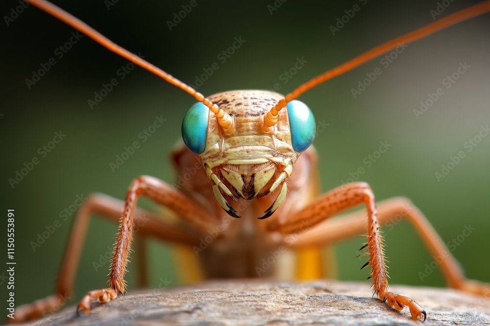 Poster close-up of a vibrant grasshopper showcasing its intricate features in natural environment