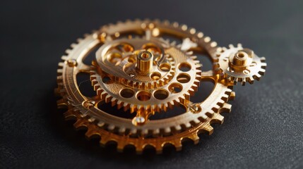 Detailed close-up view of intricate gold gears and cogs mechanism.