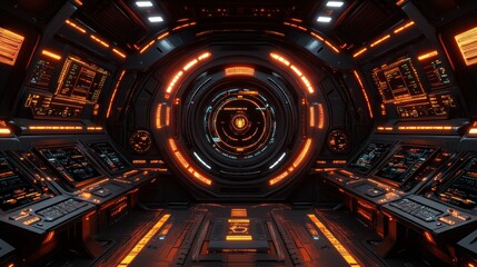 Obraz premium Futuristic spaceship interior with orange lighting and control panels.