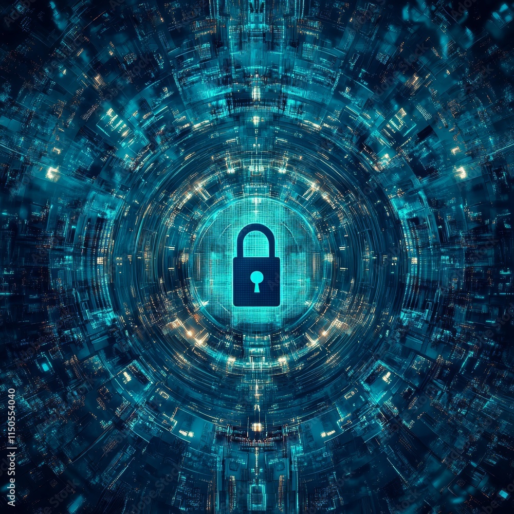 Poster secure digital lock symbolizing advanced technology with binary code in a futuristic urban landscape