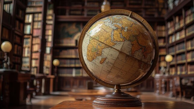 Discovering the world through an antique globe in a grand library setting