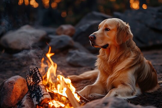 Golden retriever resting near campfire at dusk