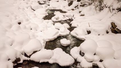Winter Stream Surrounded by Snowy Banks in a Serene Natural Setting