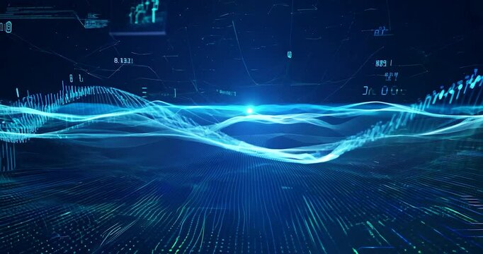 A futuristic digital landscape featuring streams of binary code flowing through a blue-lit environment, symbolizing data transfer and connectivity in cyberspace