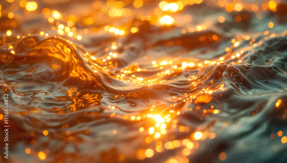 Wall mural water surface with waves reflecting golden light, creating a shimmering effect. the scene captures t