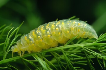 Naklejka premium Papilio zelicaon pupa on dill plant stem in the garden, Generative AI