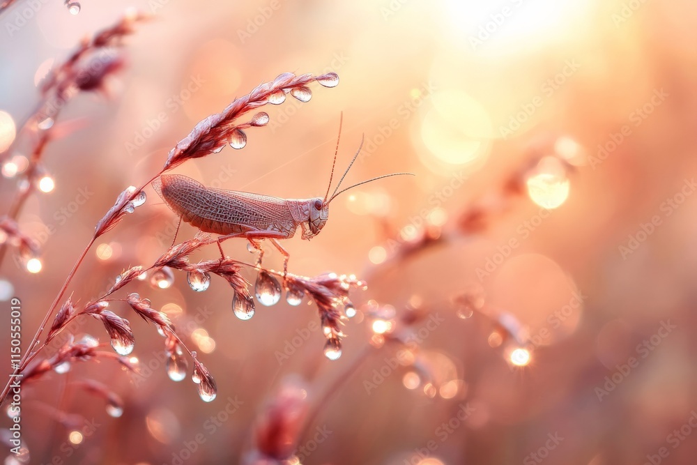 Poster grasshopper perched on dew-covered grass at sunrise with soft warm light and bokeh background