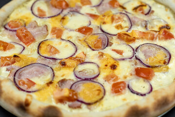 details of the pizza application; juicy pizza from the oven with mushrooms, tomatoes and bacon and sprinkled with parmesan cheese