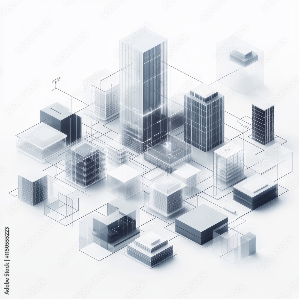 Poster modern urban skyline featuring high-rise buildings and architectural designs in a minimalist style w