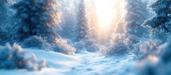 Winter wonderland forest scene with snow-covered trees and sunbeams.