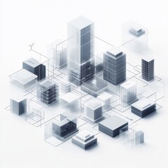 Modern Urban Skyline Featuring High-Rise Buildings and Architectural Designs in a Minimalist Style With Geometric Patterns and a Focus on Transparency
