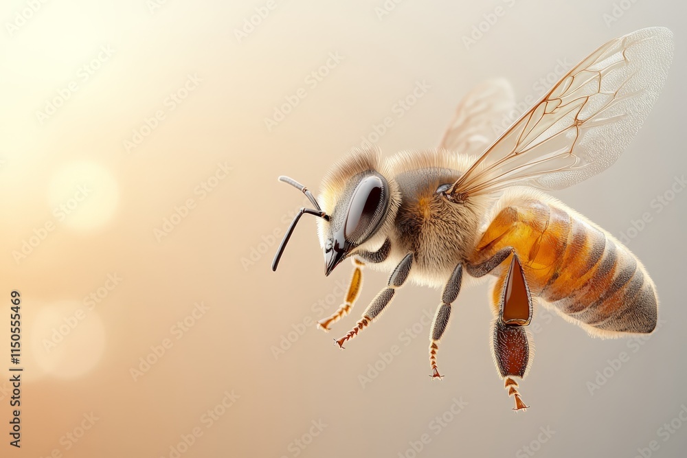 Poster close-up view of a bee in flight against a soft glowing background during the golden hour