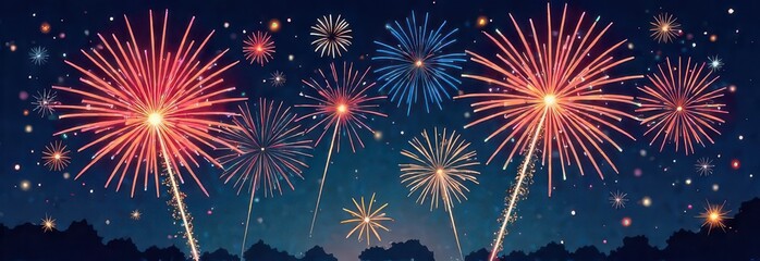 Fototapeta premium Multicolor fireworks with cityscape at twilight time