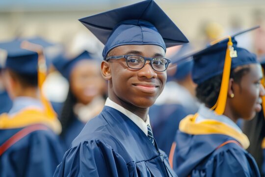 A young man wearing a blue cap and gown is smiling for the camera