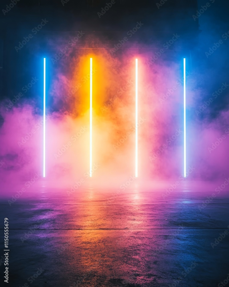 Aufkleber colorful neon lights create an atmospheric backdrop with vibrant hues and soft smoke for a dynamic v
