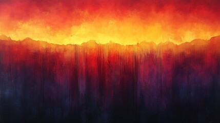 Vibrant abstract art depicting fiery horizon with rich yellows and deep reds