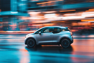 Electric car moving fast in the urban city street with motion blur, sustainable green transportation concept