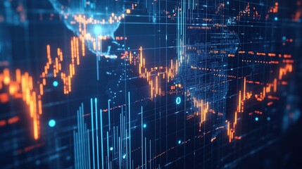 Fototapeta premium A visualization of the global stock market with connected digital graphs across continents.