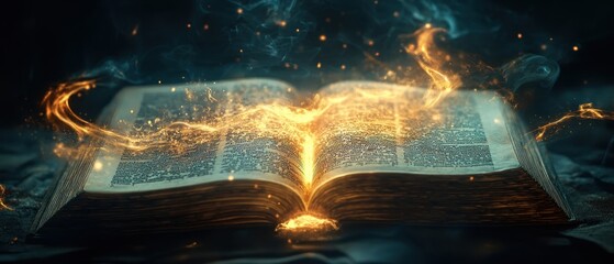 Obraz premium Book illuminated by magical light in a dark, mystical environment creating a captivating atmosphere of wonder and intrigue