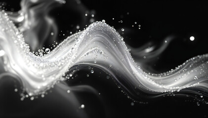 A flowing wave of translucent white liquid with bubbles, set against a black background, creates a sense of fluidity and serenity.
