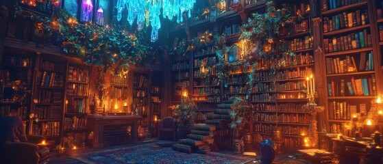 Naklejka premium A warm and inviting room features a glowing fireplace, surrounded by shelves filled with books. Soft light illuminates the cozy space, creating a peaceful atmosphere perfect for reading.