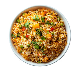 Vegetable biryani in a white bowl top view isolated on a transparent background, empty blank png background