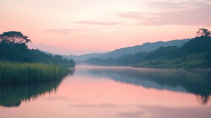 Fototapeta premium A shot of a calm river at dusk, with reflections of the pink sky in the water.
