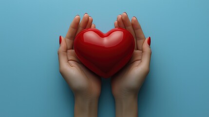 Hands holding red heart against blue background