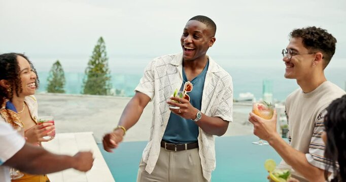 People, handshake and outdoor to party together, hotel gathering and poolside for drinks or fun. Friends, diversity and greeting guy for bonding at social event, funny conversation and vacation