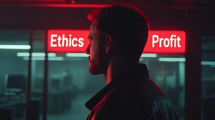 Ethics vs. Profit: A man contemplates a stark choice under neon lights, his future hanging in the balance.  The city hums with unseen consequences.