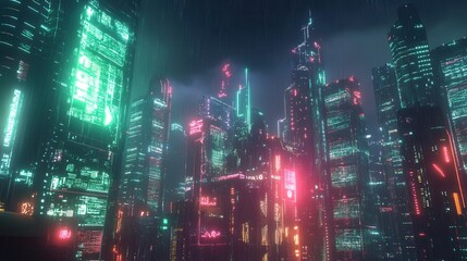 Neon Cityscape at Night with Futuristic Buildings and Rain Effects