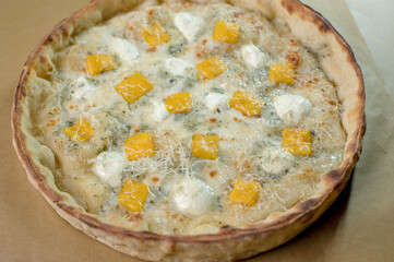 details of the pizza application; juicy pizza from the oven with mushrooms, tomatoes and bacon and sprinkled with parmesan cheese