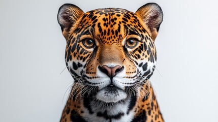 Obraz premium Close-up portrait of a jaguar's face against a white background.