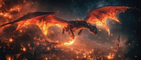 Mighty two-headed dragon unleashes flames over a burning ancient city at night