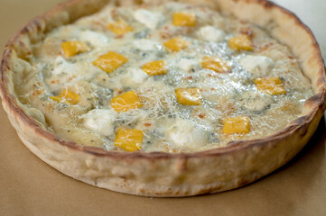 details of the pizza application; juicy pizza from the oven with mushrooms, tomatoes and bacon and sprinkled with parmesan cheese