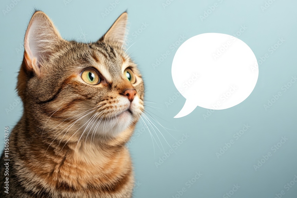 Poster clever cat gazes thoughtfully as if pondering a deep question at home in front of a soft blue backgr