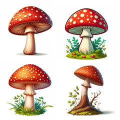 Four colorful red mushrooms with white spots are depicted in different environments, showcasing their unique shapes and surrounding greenery, inviting curiosity and wonder.