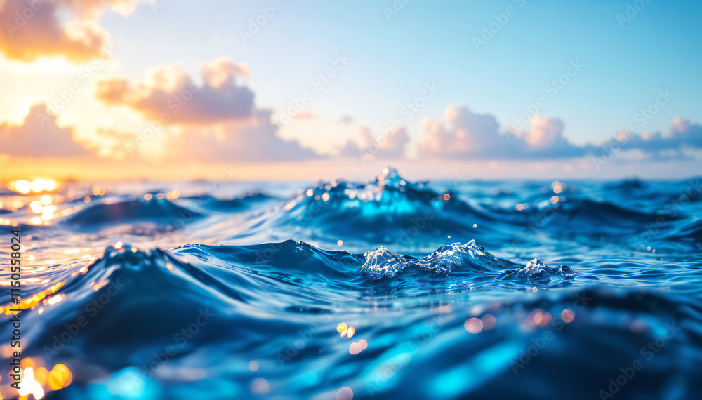 Wall mural waves of clear blue water with sunlight reflect off the surface, under a sky of soft clouds and a wa