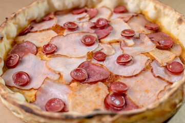 details of the pizza application; juicy pizza from the oven with mushrooms, tomatoes and bacon and sprinkled with parmesan cheese