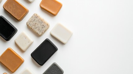 Handmade soap bars arranged on a white background top view Design mockup