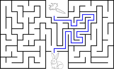 Help a white rabbit pass through rectangular maze to find a carrot. Feed the hungry bunny labyrinth. Easy difficulty level riddle for kids and their parents. Solution included