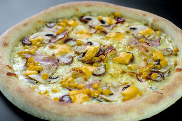 details of the pizza application; juicy pizza from the oven with mushrooms, tomatoes and bacon and sprinkled with parmesan cheese