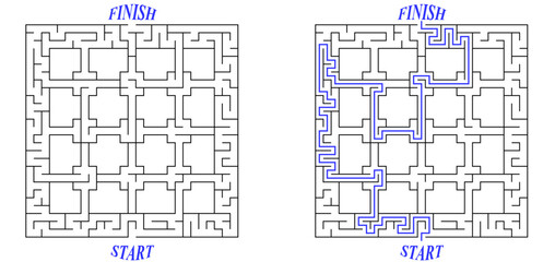 Unusual maze in a shape of a grid. Easy difficulty level black and white labyrinth with solution. Nice brainstorm puzzle