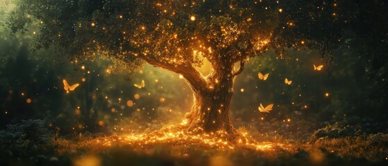 Naklejka premium Enchanted tree surrounded by glowing fireflies and butterflies in a mystical forest during twilight