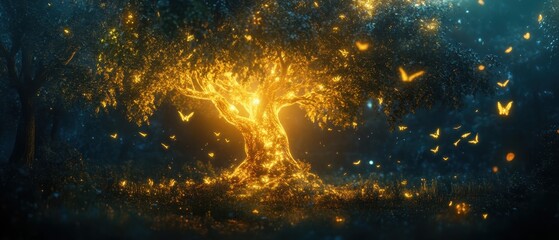 Enchanted tree surrounded by glowing fireflies and butterflies in a mystical forest during twilight