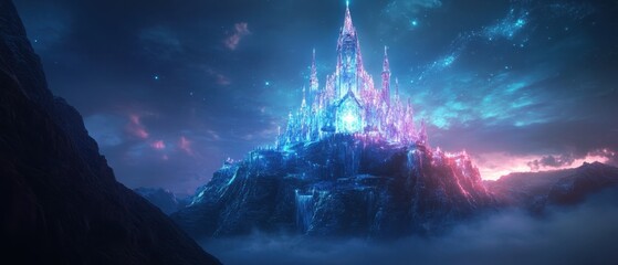 Fototapeta premium Majestic cosmic castle rises above clouds at dusk with glowing celestial elements nearby