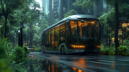 Obraz premium Futuristic electric bus in green urban setting with modern architecture