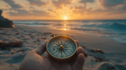 Hand holding compass at sunrise beach.