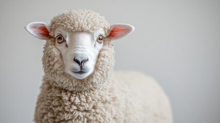 Close-up portrait of a fluffy, beige sheep against a light gray background.